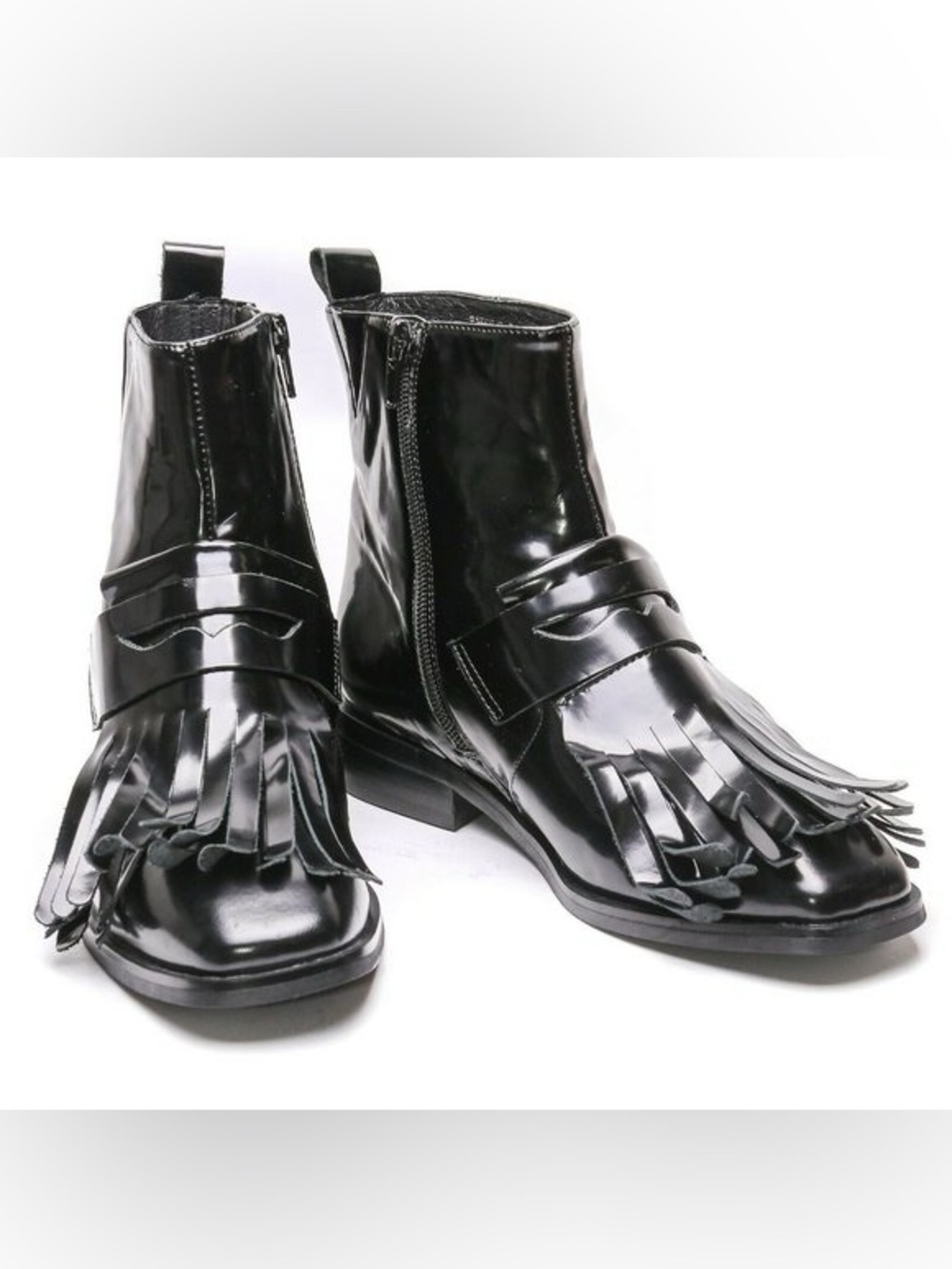 Jeffrey Campbell Baron Dress Patent Leather Glossy Fringe Boots Sz 7